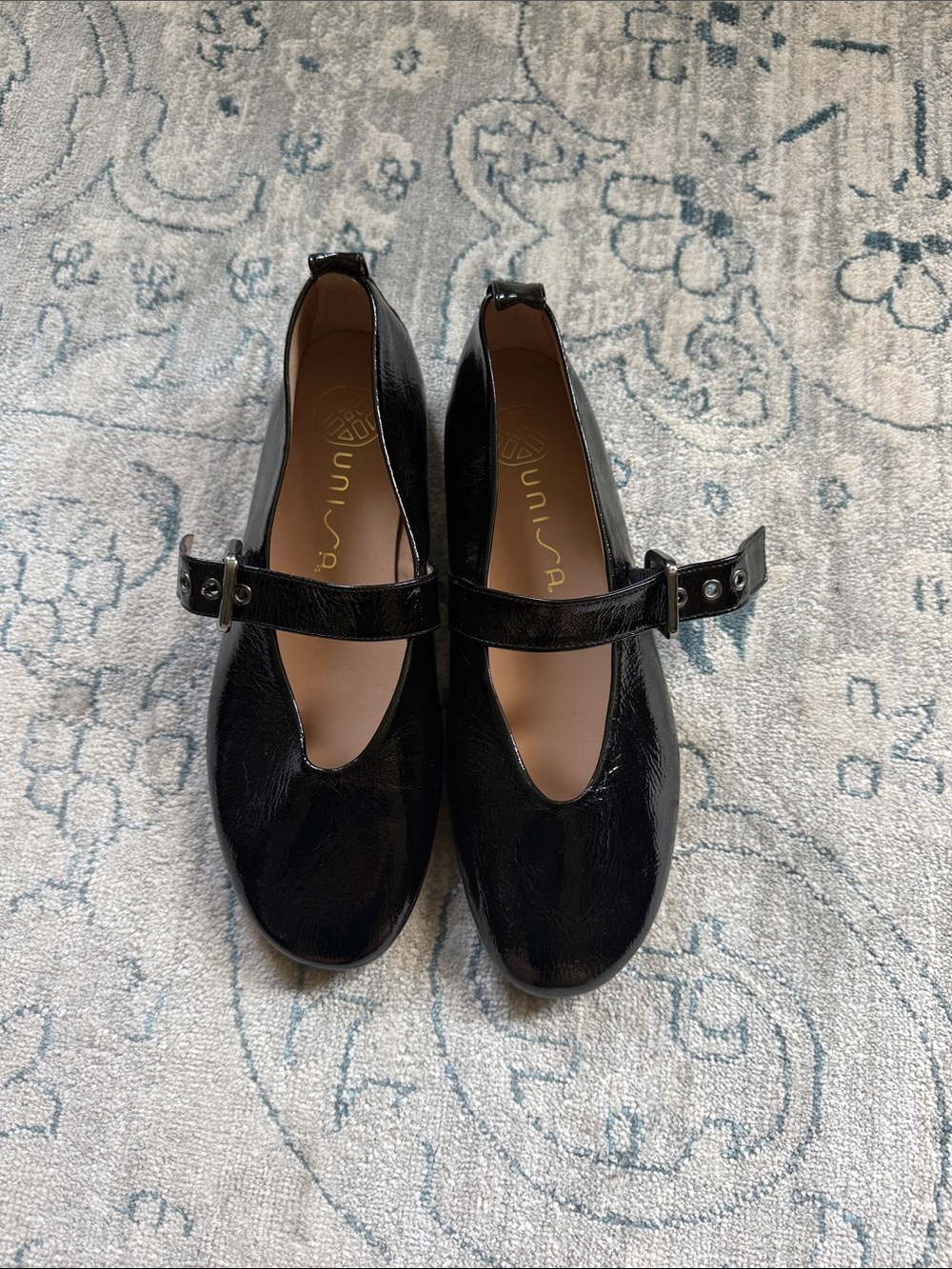 Unisa Black Patent Mary Jane Loafers with Buckle Strap